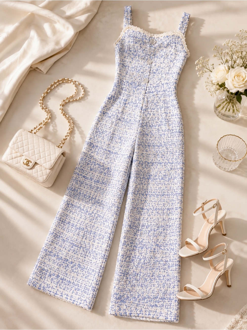 Stylish Blue and White Tweed Jumpsuit